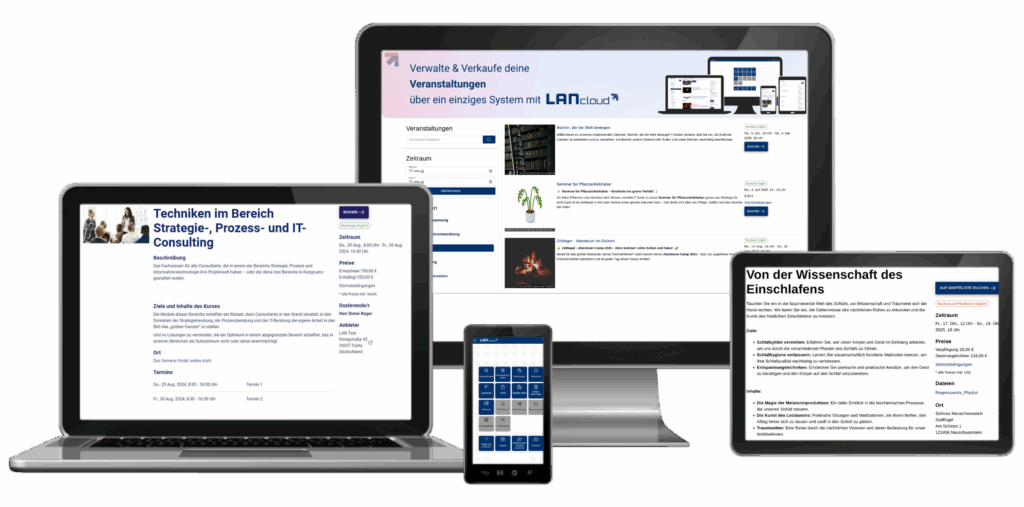 LANcloud Veranstaltungsreihen-Softwareoberfläche auf Desktop, Laptop, Tablet und Smartphone